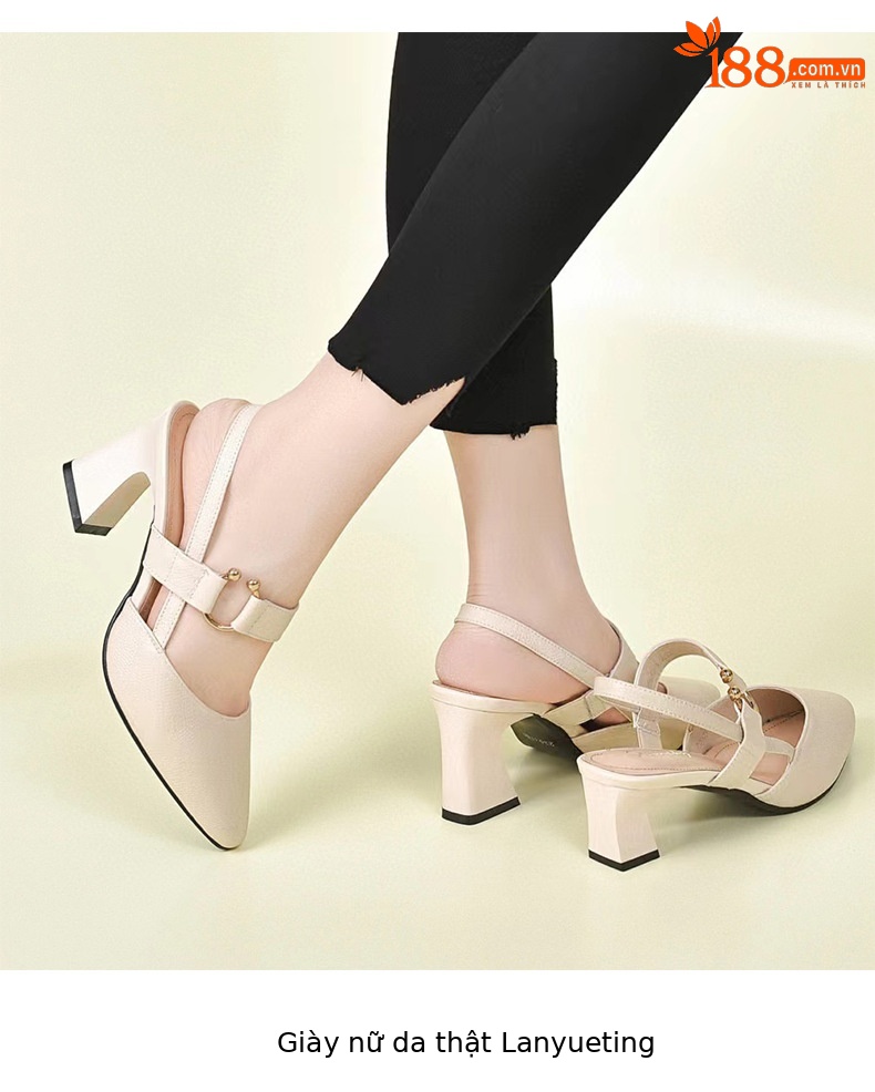 Sandal nữ da thật mũi kín gót vuông 6 cm quai ngang — Màu mơ-6cm chi tiết 7