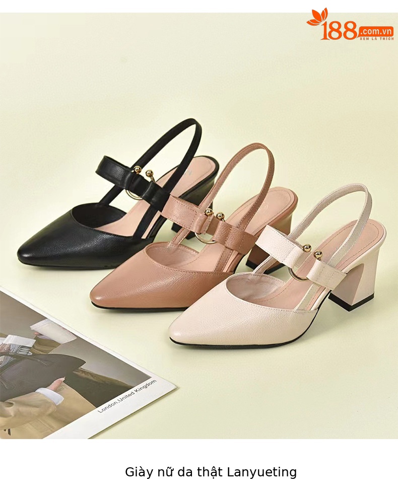 Sandal nữ da thật mũi kín gót vuông 6 cm quai ngang — Màu mơ-6cm chi tiết 9