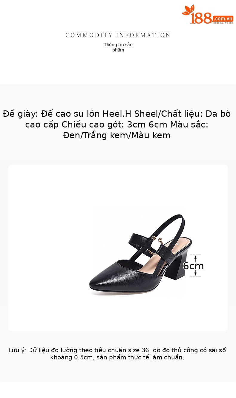 Sandal nữ da thật mũi kín gót vuông 6 cm quai ngang — Màu mơ-6cm chi tiết 1
