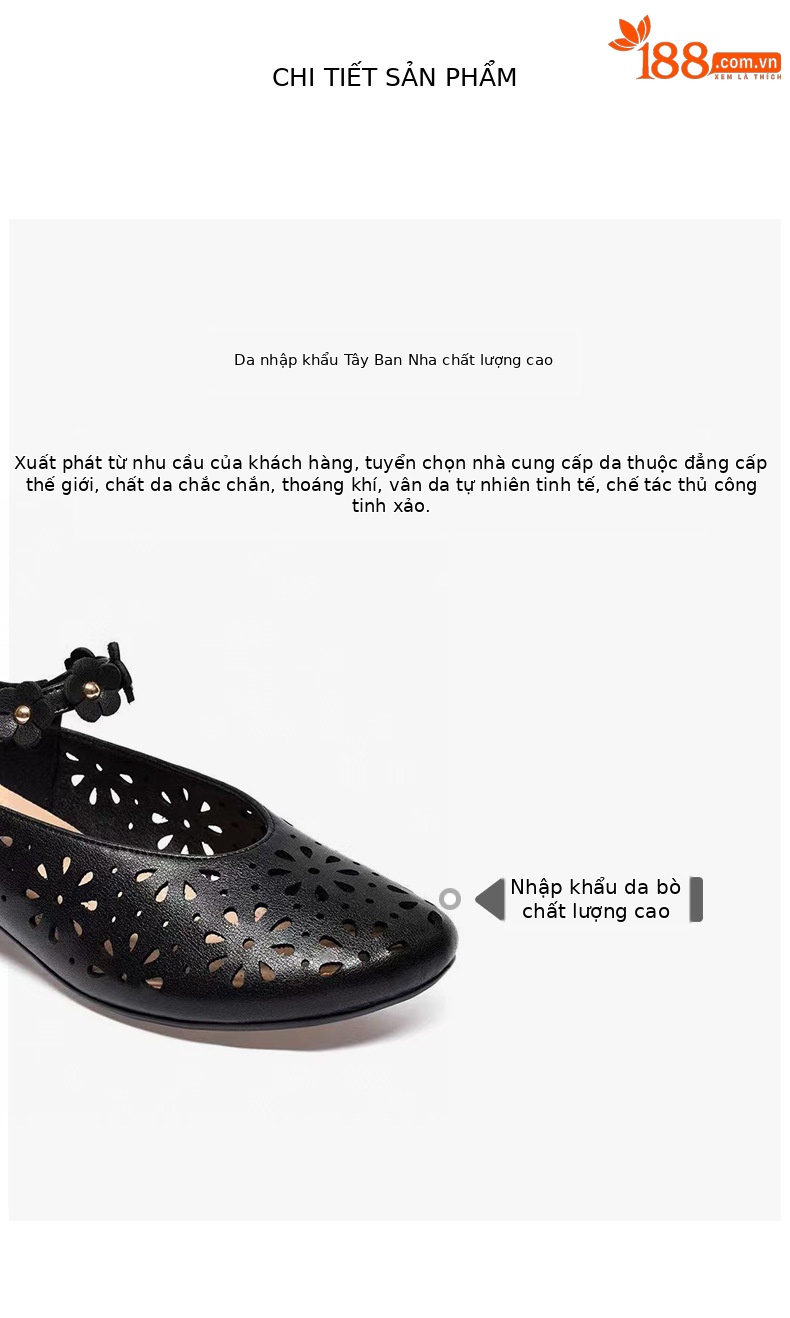 Sandal nữ da thật mũi tròn kiểu retro khoét lỗ, gót vuông thấp quai đơn — đen chi tiết 2