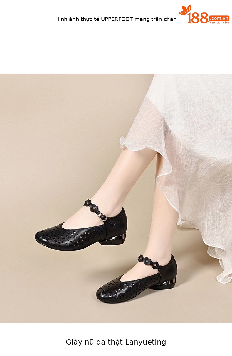 Sandal nữ da thật mũi tròn kiểu retro khoét lỗ, gót vuông thấp quai đơn — đen chi tiết 3