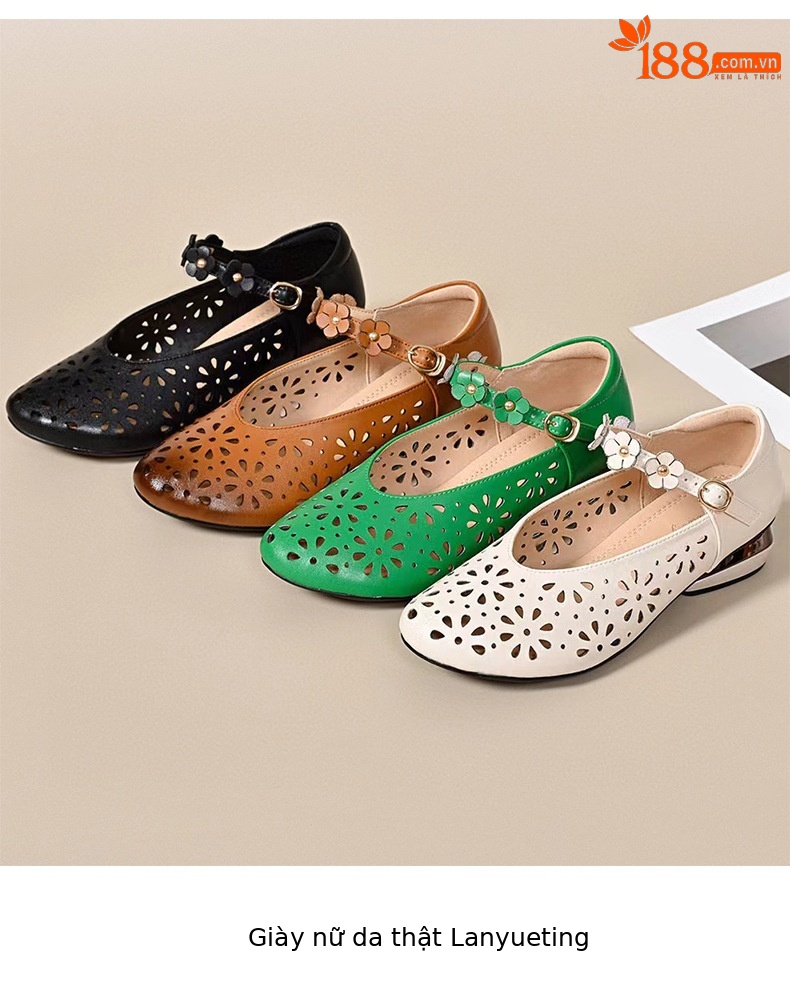 Sandal nữ da thật mũi tròn kiểu retro khoét lỗ, gót vuông thấp quai đơn — đen chi tiết 4