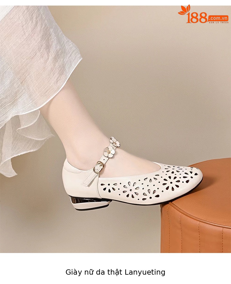 Sandal nữ da thật mũi tròn kiểu retro khoét lỗ, gót vuông thấp quai đơn — đen chi tiết 5