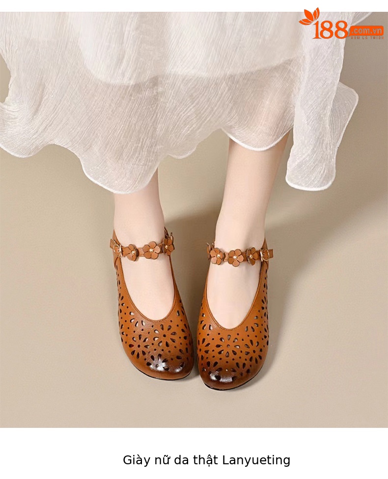 Sandal nữ da thật mũi tròn kiểu retro khoét lỗ, gót vuông thấp quai đơn — đen chi tiết 6