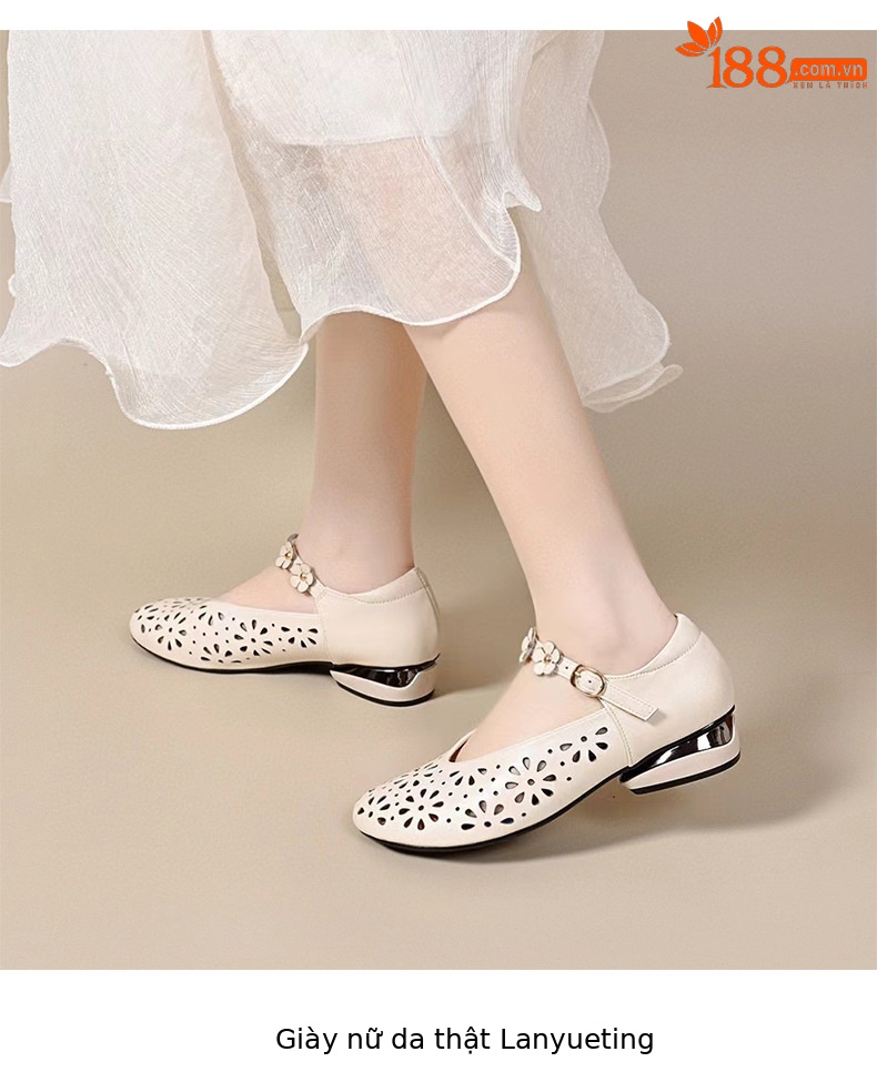 Sandal nữ da thật mũi tròn kiểu retro khoét lỗ, gót vuông thấp quai đơn — đen chi tiết 7