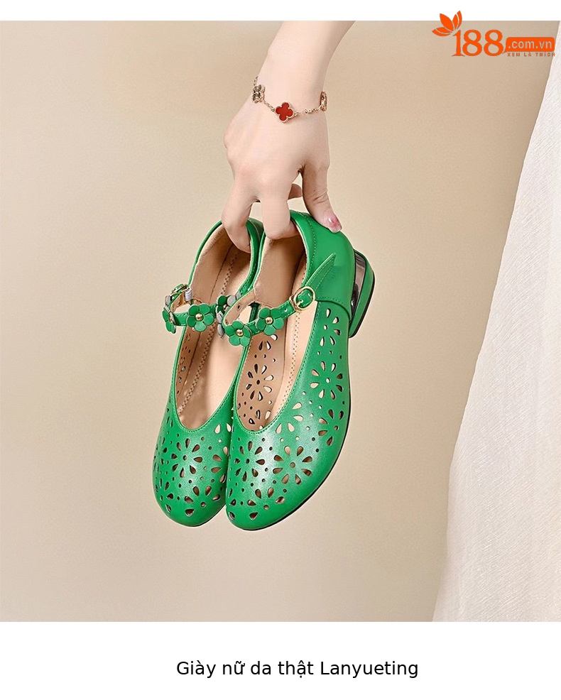 Sandal nữ da thật mũi tròn kiểu retro khoét lỗ, gót vuông thấp quai đơn — đen chi tiết 8