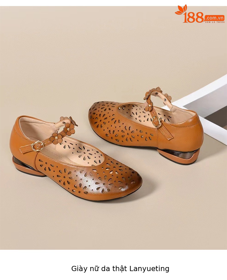 Sandal nữ da thật mũi tròn kiểu retro khoét lỗ, gót vuông thấp quai đơn — đen chi tiết 9