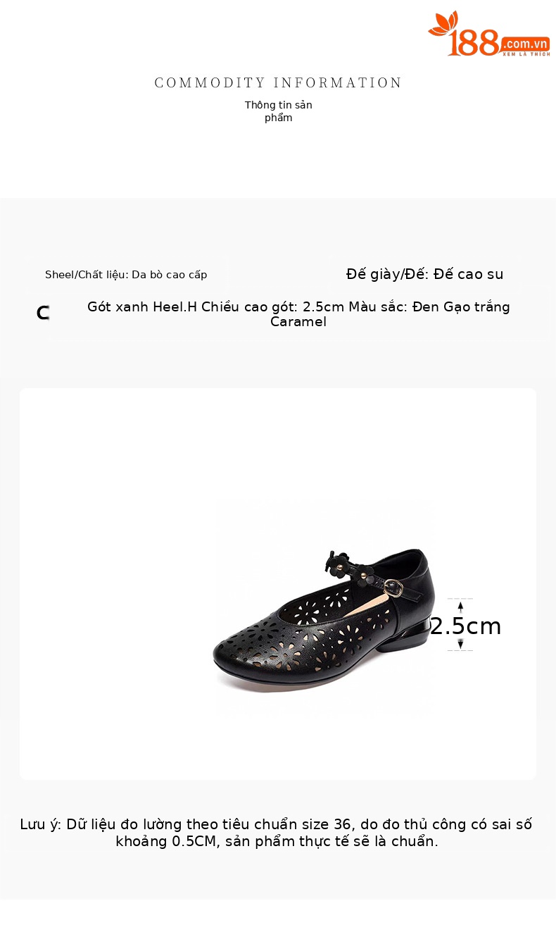 Sandal nữ da thật mũi tròn kiểu retro khoét lỗ, gót vuông thấp quai đơn — đen chi tiết 1