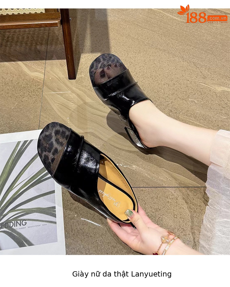 Dép sandal nữ da thật mũi lưới đế bệt thoáng khí — đen chi tiết 7
