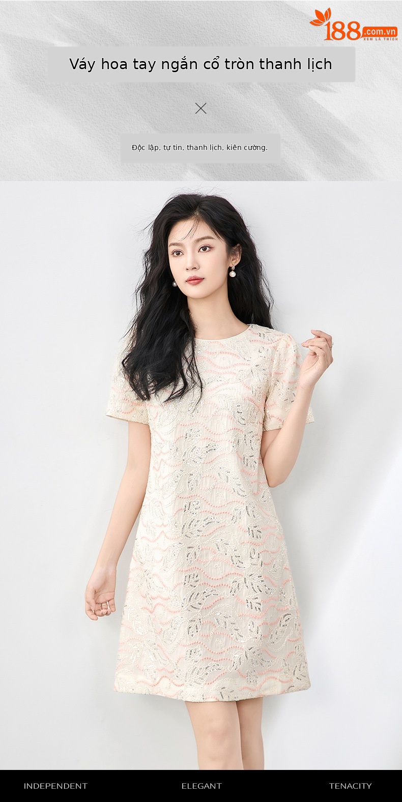Váy chữ A thêu hoa đính sequin tinh tế, quý phái, dáng suông midi — Màu hồng chi tiết 1