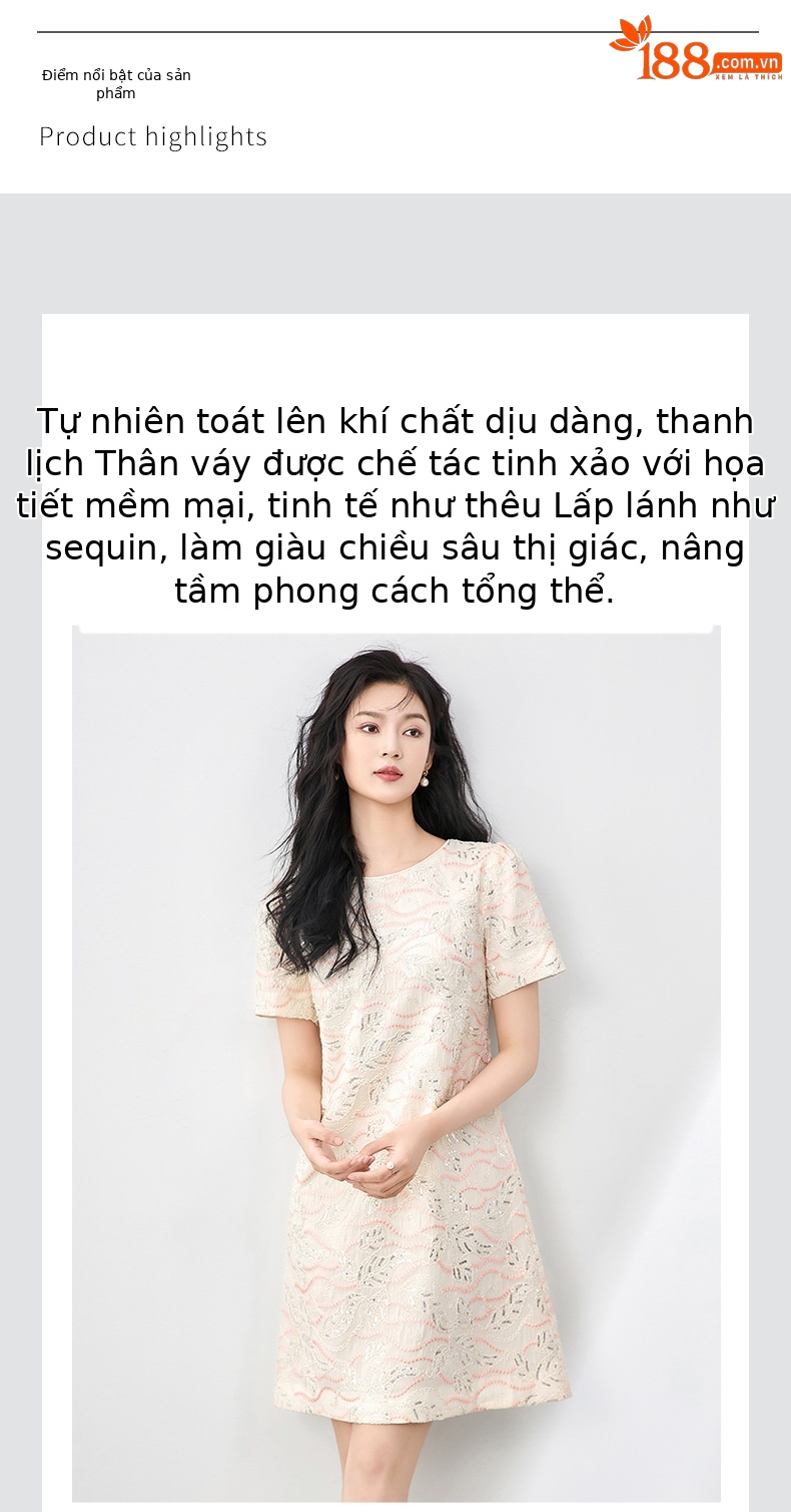 Váy chữ A thêu hoa đính sequin tinh tế, quý phái, dáng suông midi — Màu hồng chi tiết 4