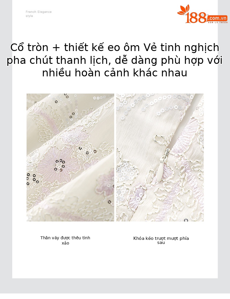 Váy chữ A thêu hoa đính sequin tinh tế, quý phái, dáng suông midi — Màu hồng chi tiết 5