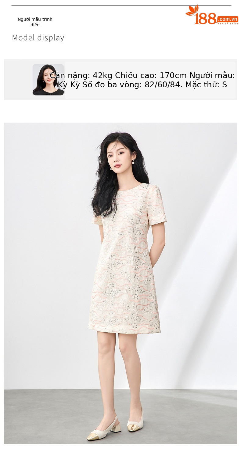 Váy chữ A thêu hoa đính sequin tinh tế, quý phái, dáng suông midi — Màu hồng chi tiết 6