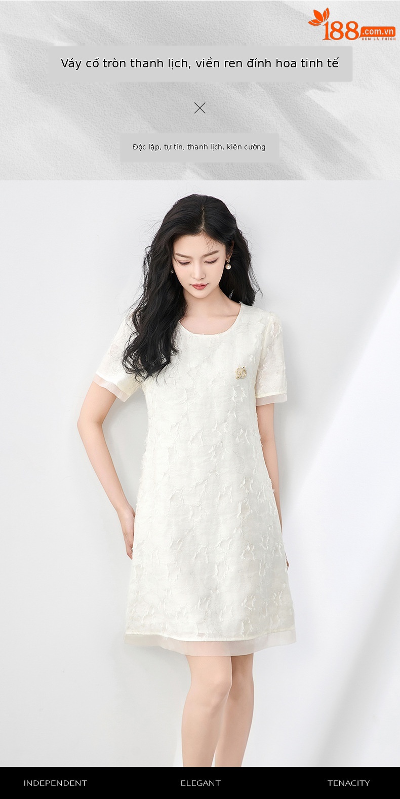 Váy liền nữ cổ tròn phối voan, họa tiết jacquard nổi, phong cách quý cô — Màu vàng chi tiết 1