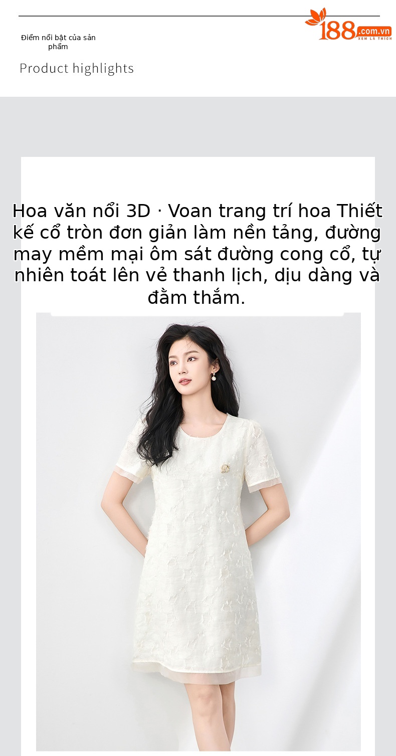 Váy liền nữ cổ tròn phối voan, họa tiết jacquard nổi, phong cách quý cô — Màu vàng chi tiết 4