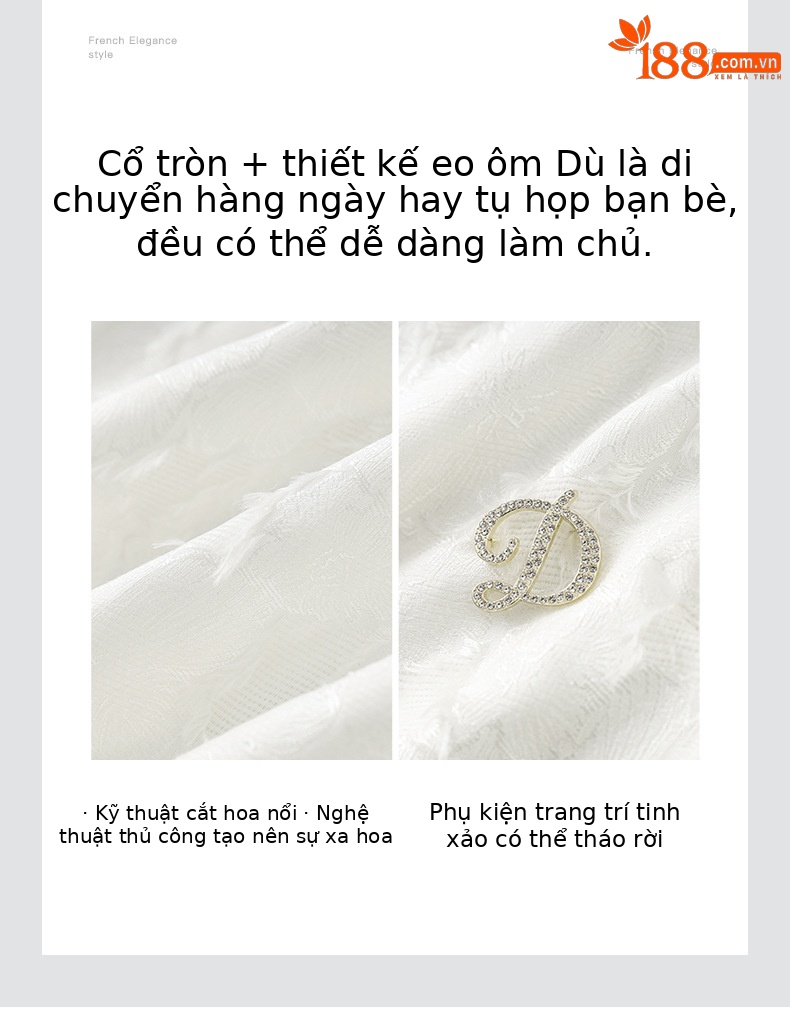 Váy liền nữ cổ tròn phối voan, họa tiết jacquard nổi, phong cách quý cô — Màu vàng chi tiết 5