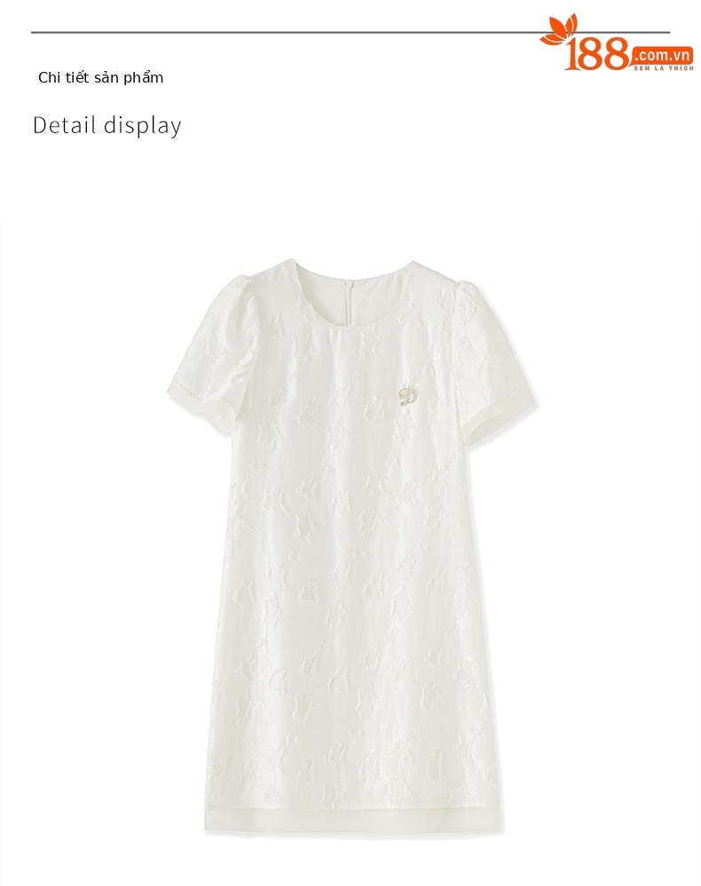 Váy liền nữ cổ tròn phối voan, họa tiết jacquard nổi, phong cách quý cô — Màu vàng chi tiết 15