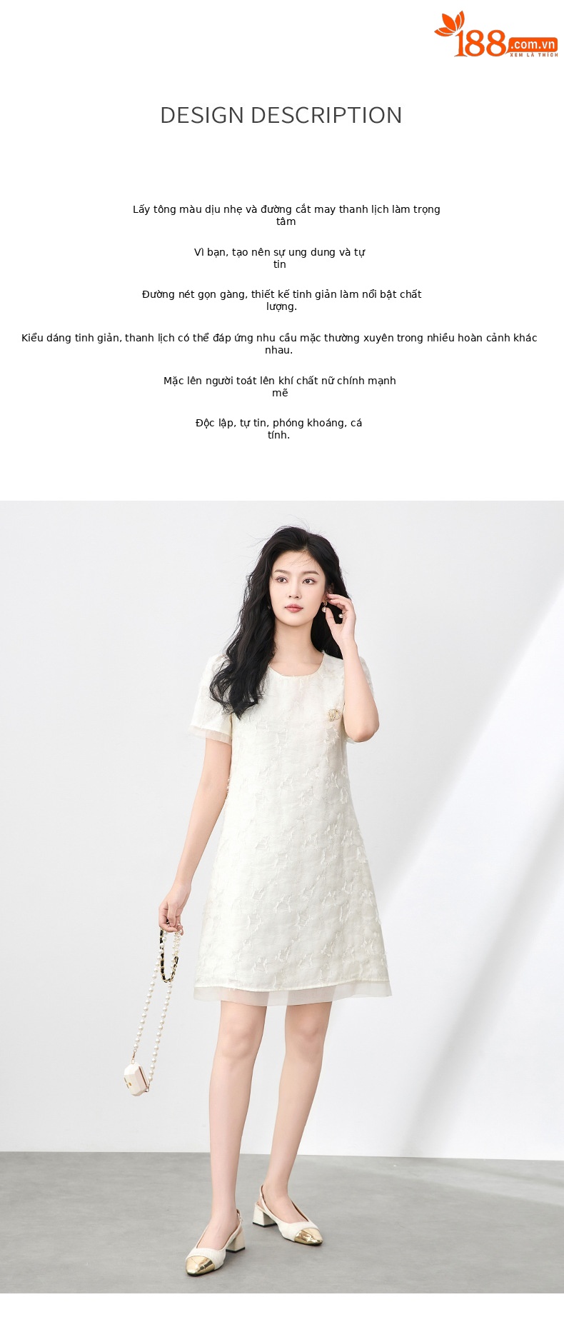 Váy liền nữ cổ tròn phối voan, họa tiết jacquard nổi, phong cách quý cô — Màu vàng chi tiết 2