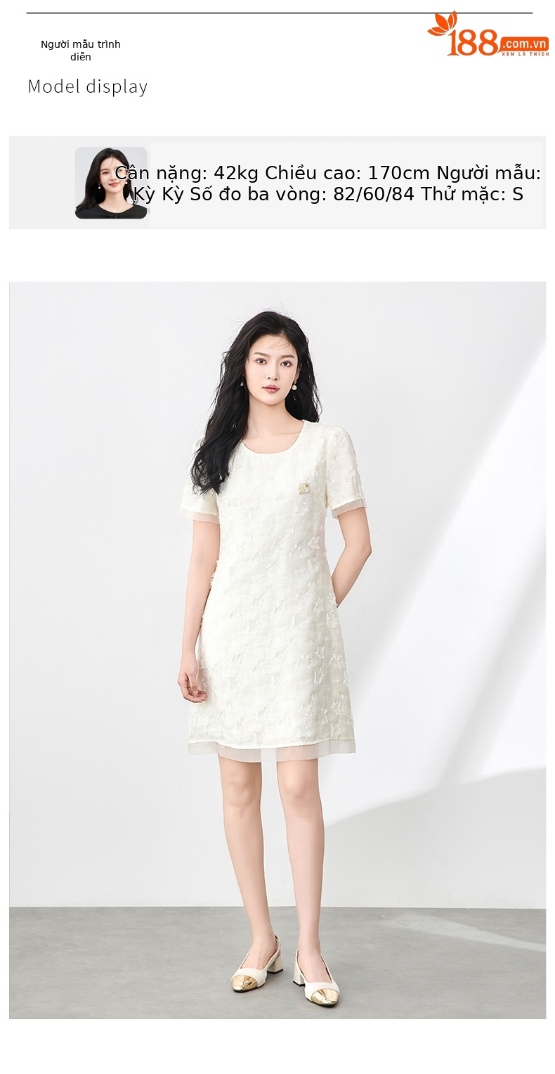 Váy liền nữ cổ tròn phối voan, họa tiết jacquard nổi, phong cách quý cô — Màu vàng chi tiết 6