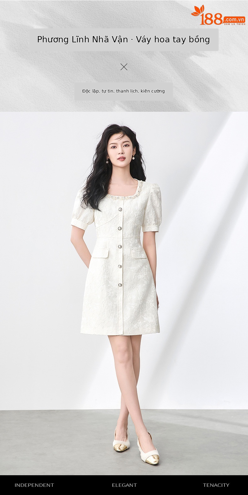 Váy liền tay phồng cổ vuông jacquard nổi họa tiết ngọc trai phong cách tiểu thư — Màu be chi tiết 1