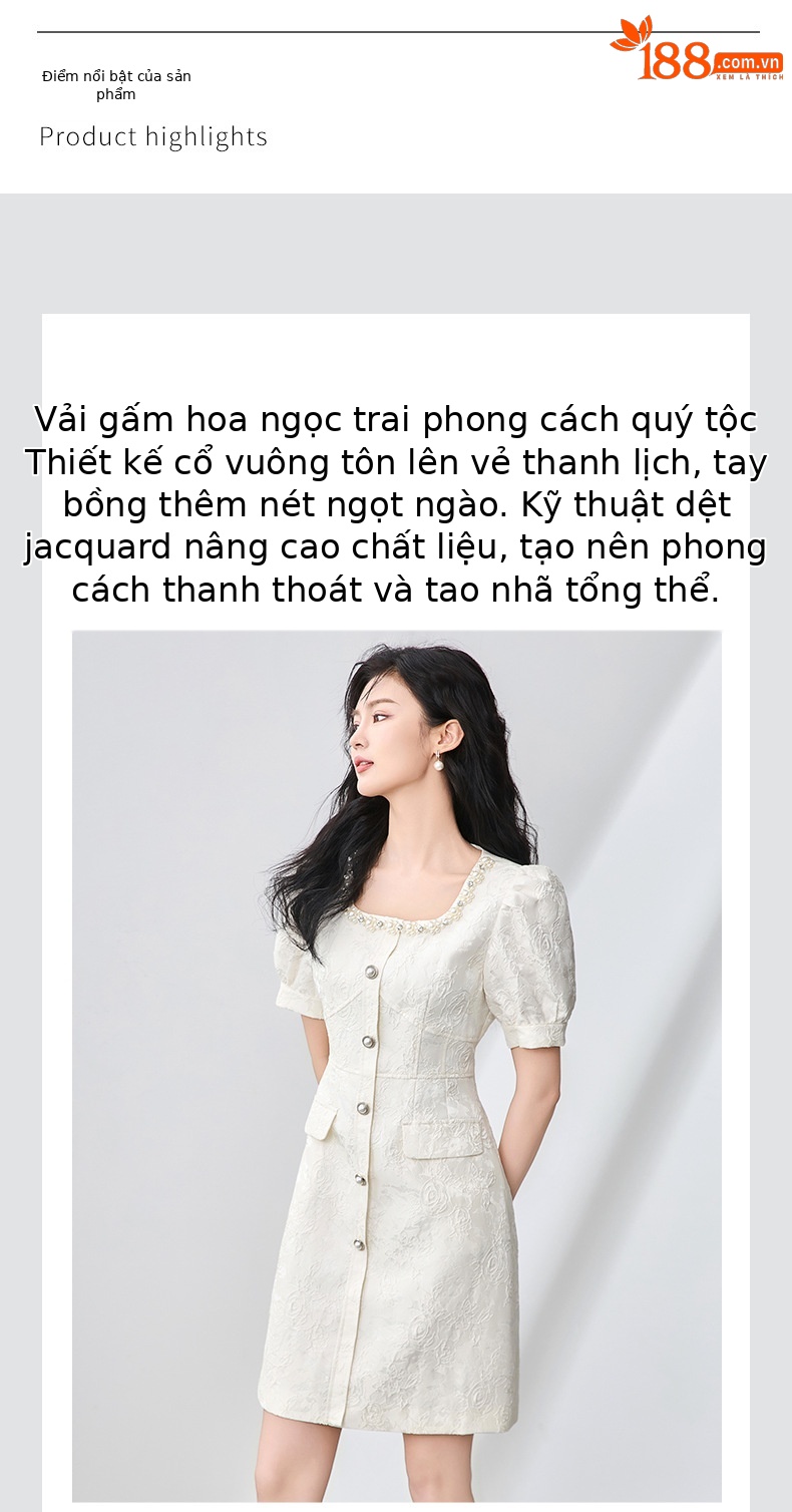 Váy liền tay phồng cổ vuông jacquard nổi họa tiết ngọc trai phong cách tiểu thư — Màu be chi tiết 4