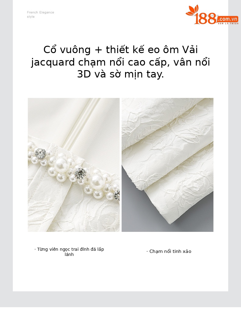 Váy liền tay phồng cổ vuông jacquard nổi họa tiết ngọc trai phong cách tiểu thư — Màu be chi tiết 5