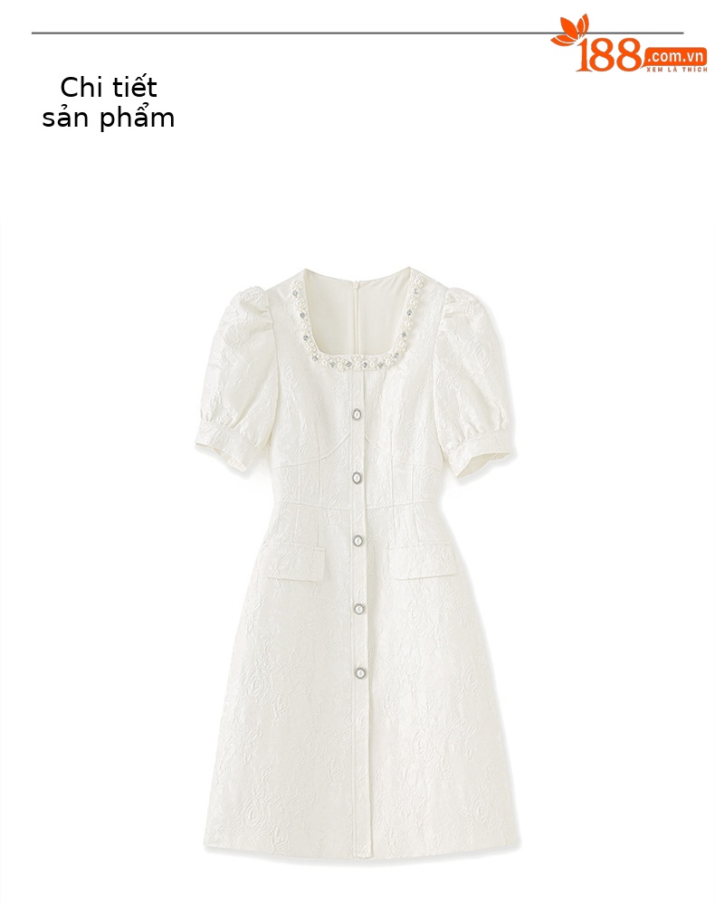 Váy liền tay phồng cổ vuông jacquard nổi họa tiết ngọc trai phong cách tiểu thư — Màu be chi tiết 10