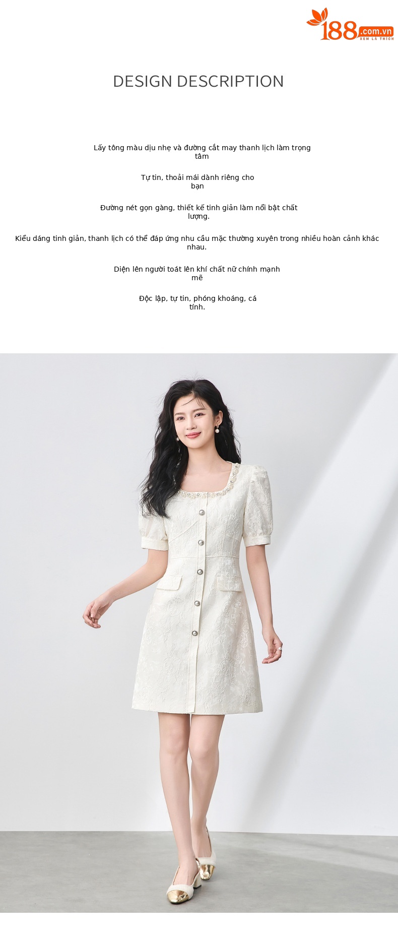 Váy liền tay phồng cổ vuông jacquard nổi họa tiết ngọc trai phong cách tiểu thư — Màu be chi tiết 2
