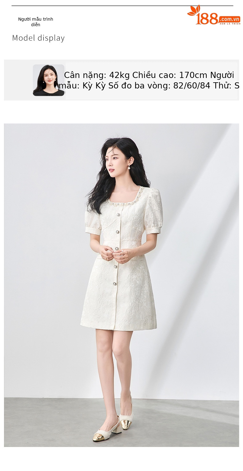 Váy liền tay phồng cổ vuông jacquard nổi họa tiết ngọc trai phong cách tiểu thư — Màu be chi tiết 6