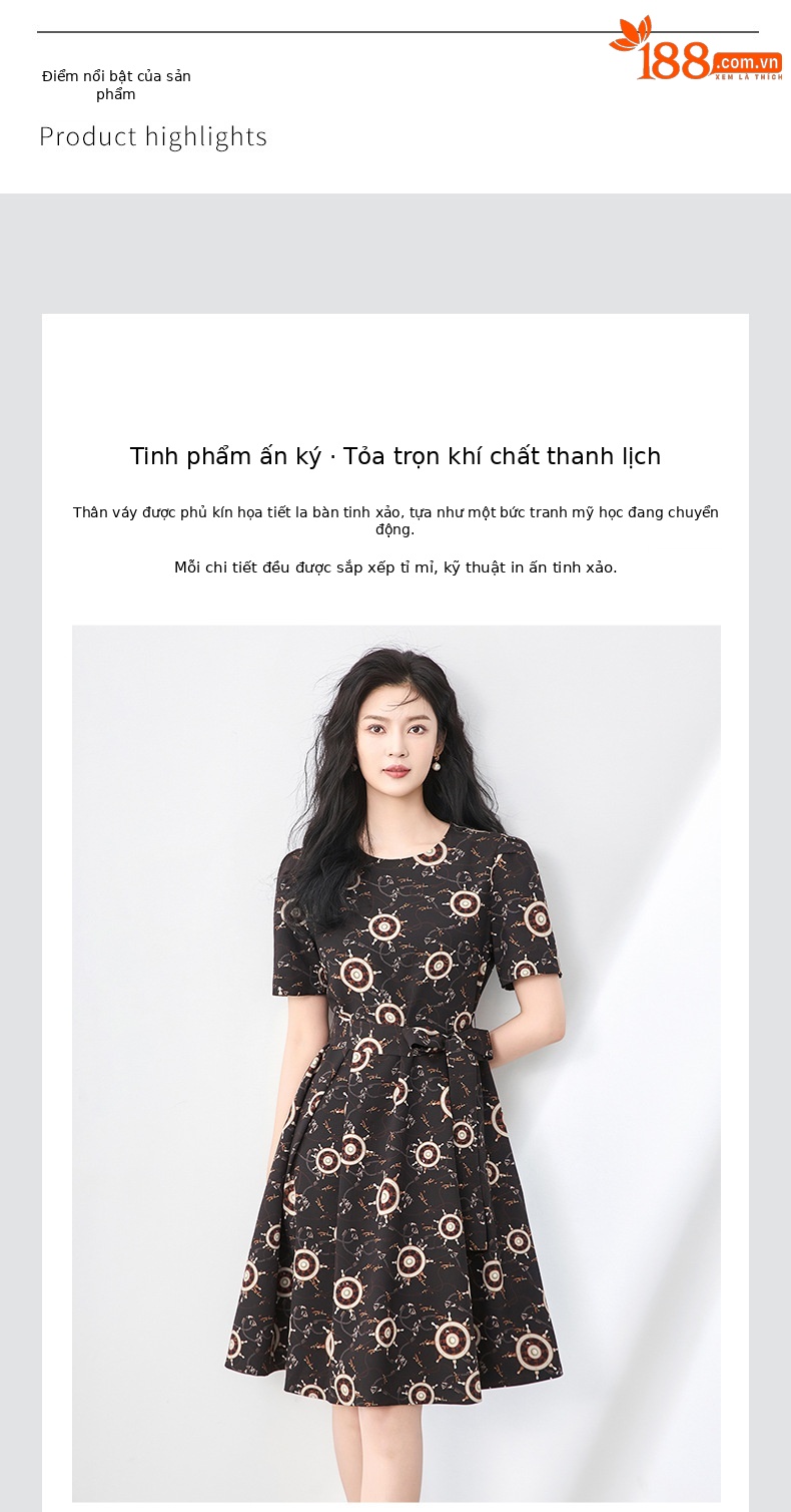 Váy maxi nữ xòe lớn cổ tròn in họa tiết la bàn voan crepe mùa hè — đen chi tiết 4