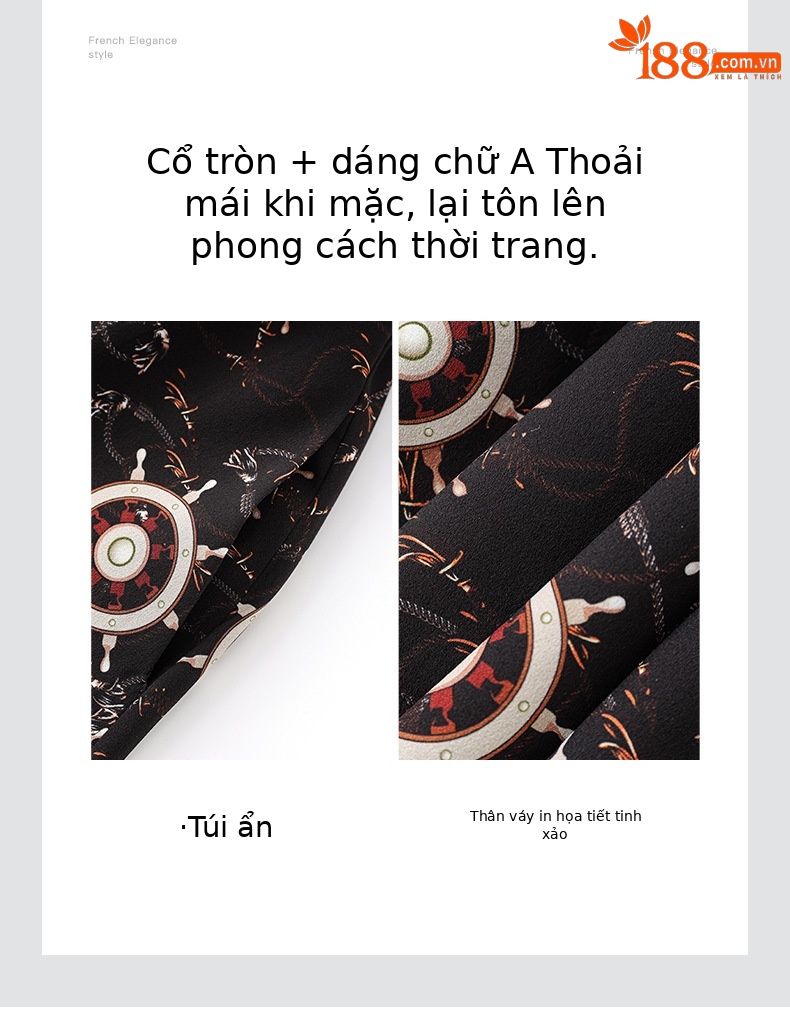 Váy maxi nữ xòe lớn cổ tròn in họa tiết la bàn voan crepe mùa hè — đen chi tiết 5