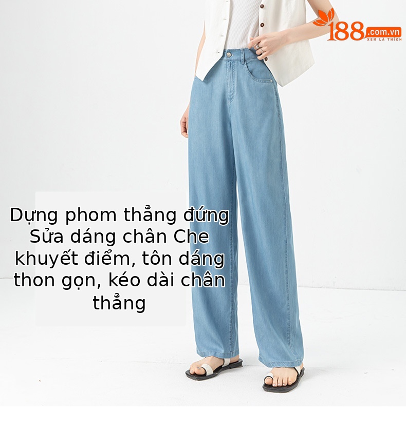 Quần jean ống rộng cạp cao vải Tencel mỏng mùa hè — Màu xanh lam chi tiết 10