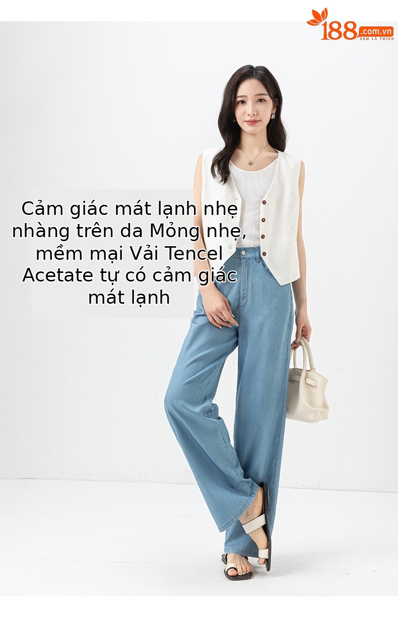 Quần jean ống rộng cạp cao vải Tencel mỏng mùa hè — Màu xanh lam chi tiết 11