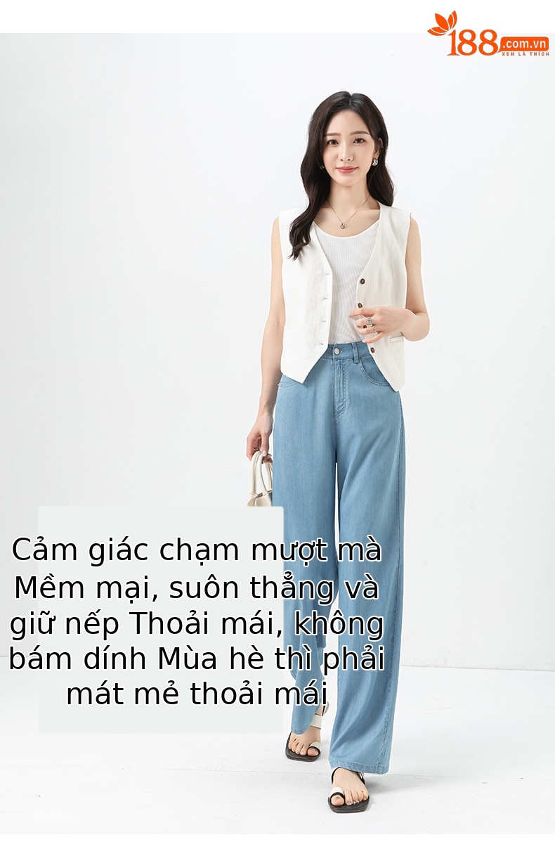 Quần jean ống rộng cạp cao vải Tencel mỏng mùa hè — Màu xanh lam chi tiết 12