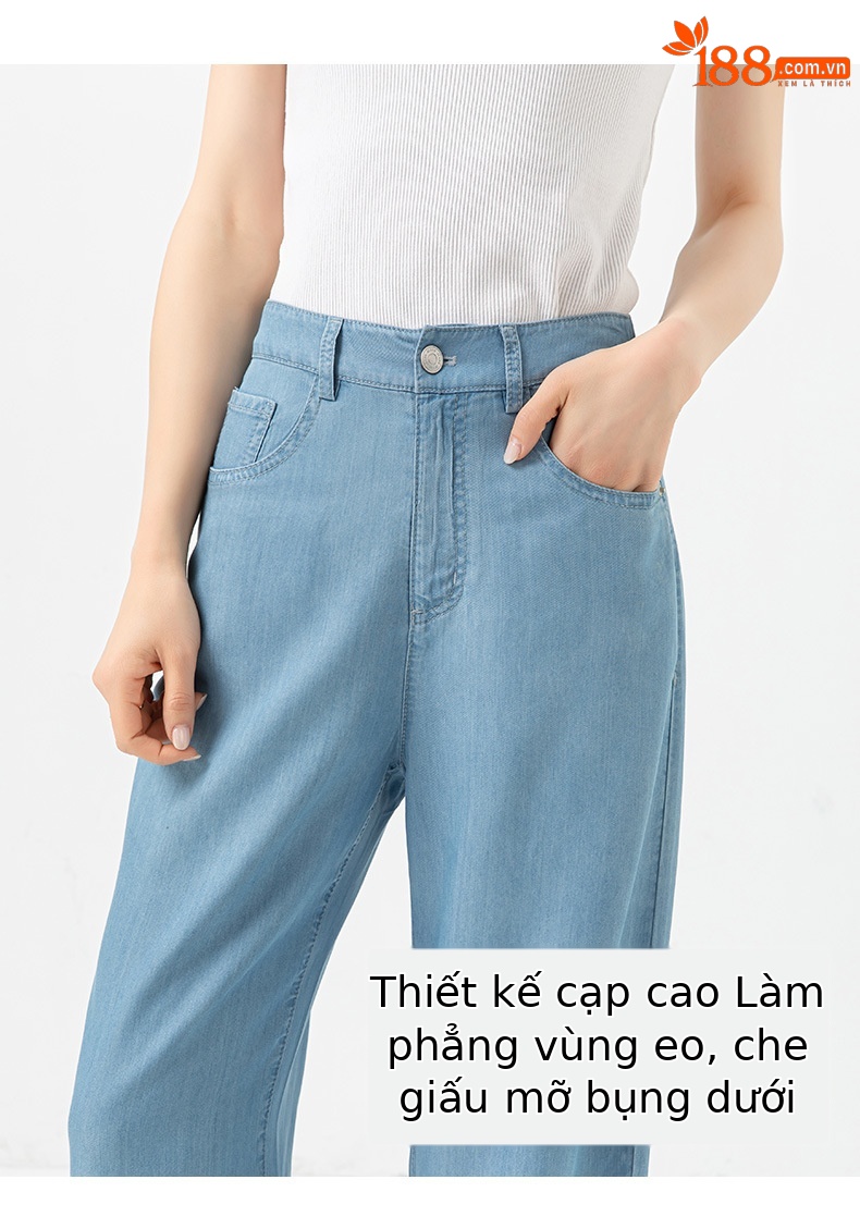 Quần jean ống rộng cạp cao vải Tencel mỏng mùa hè — Màu xanh lam chi tiết 13