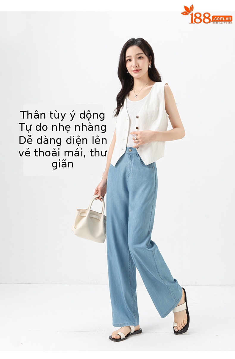 Quần jean ống rộng cạp cao vải Tencel mỏng mùa hè — Màu xanh lam chi tiết 15