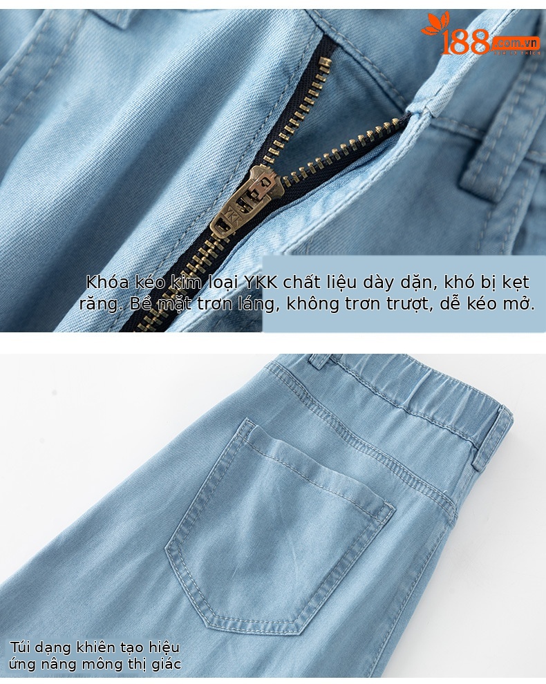 Quần jean ống rộng cạp cao vải Tencel mỏng mùa hè — Màu xanh lam chi tiết 18