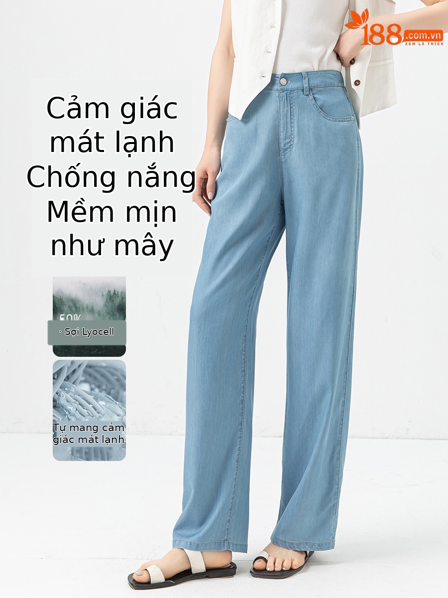 Quần jean ống rộng cạp cao vải Tencel mỏng mùa hè — Màu xanh lam