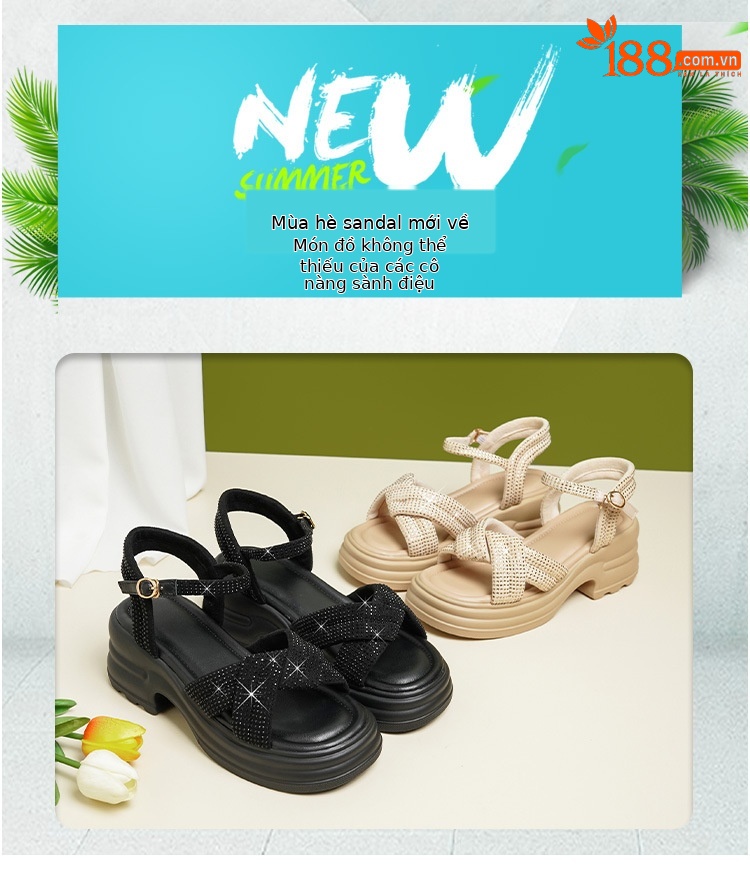 Sandal nữ đế dày đính đá phong cách La Mã, đế mềm tăng chiều cao — Màu đen chi tiết 1