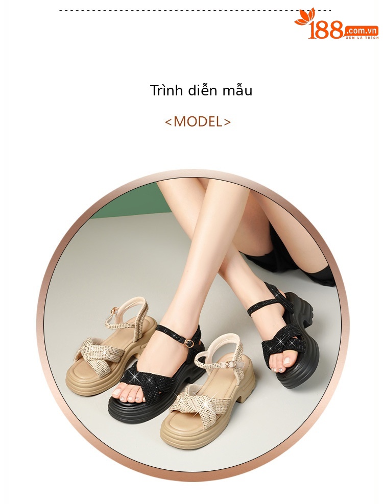 Sandal nữ đế dày đính đá phong cách La Mã, đế mềm tăng chiều cao — Màu đen chi tiết 4