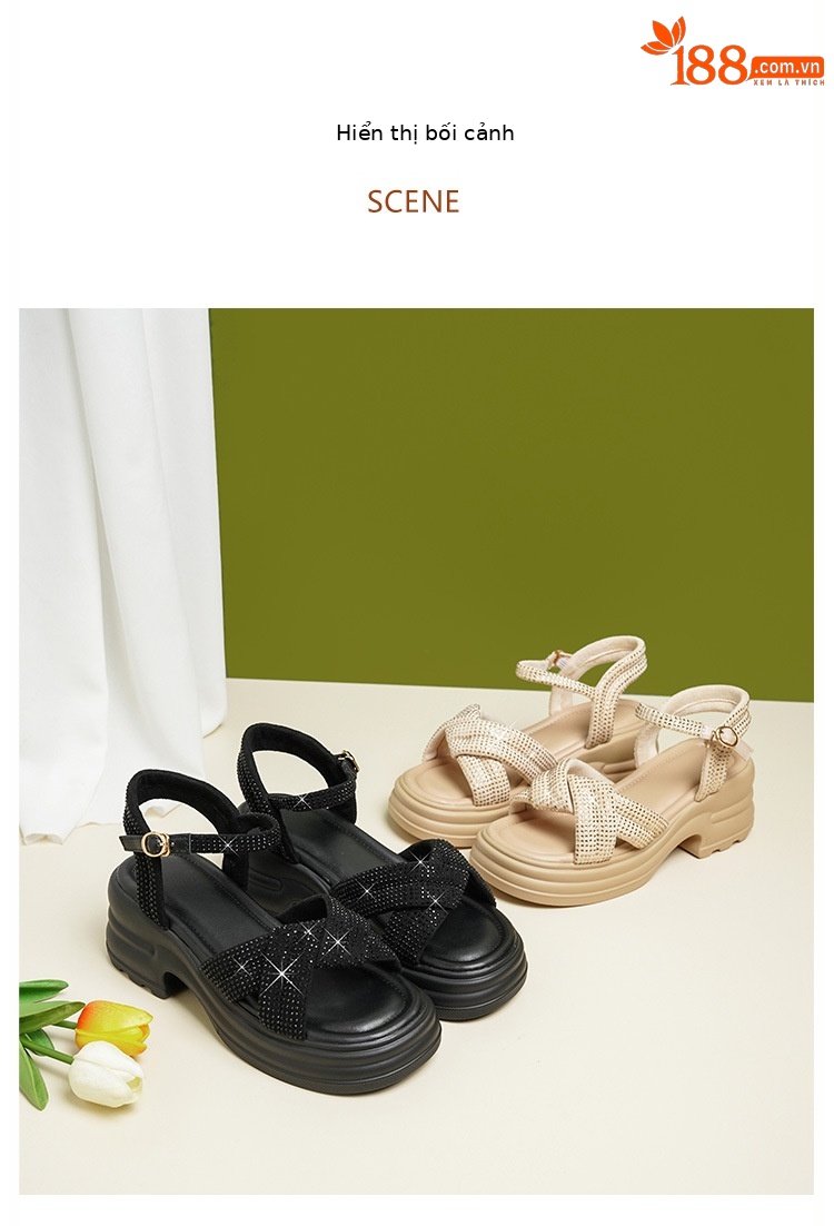 Sandal nữ đế dày đính đá phong cách La Mã, đế mềm tăng chiều cao — Màu đen chi tiết 18
