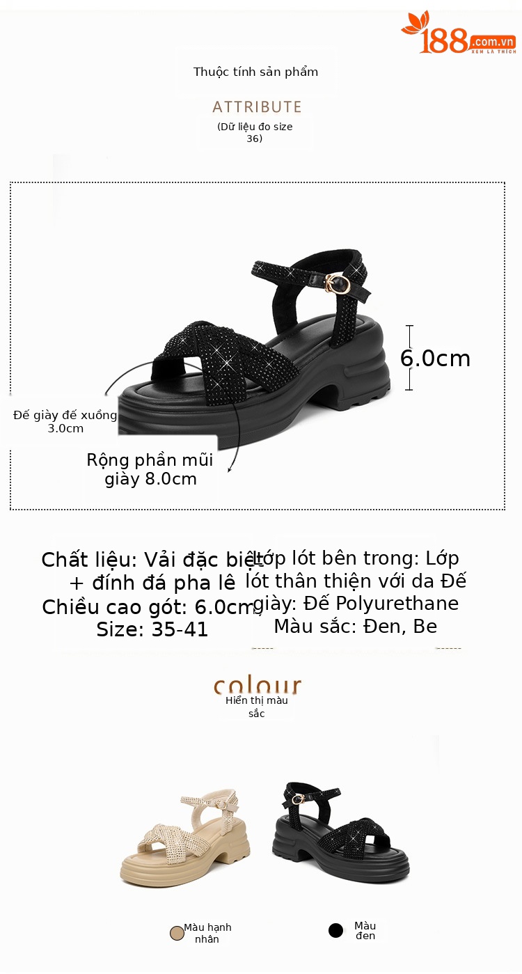 Sandal nữ đế dày đính đá phong cách La Mã, đế mềm tăng chiều cao — Màu đen chi tiết 3