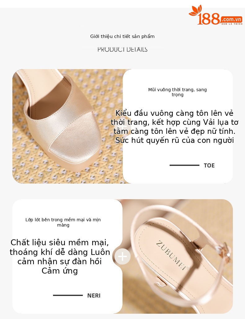 Giày sandal cao gót nữ hở mũi mũi vuông đế chống thấm nước — Màu sâm panh chi tiết 2
