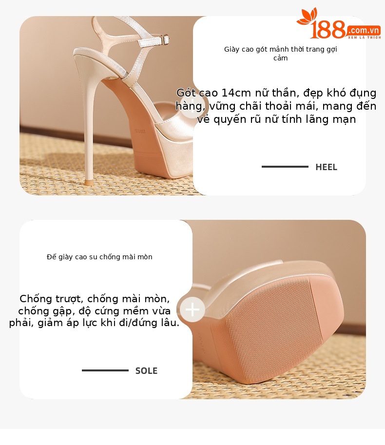 Giày sandal cao gót nữ hở mũi mũi vuông đế chống thấm nước — Màu sâm panh chi tiết 3