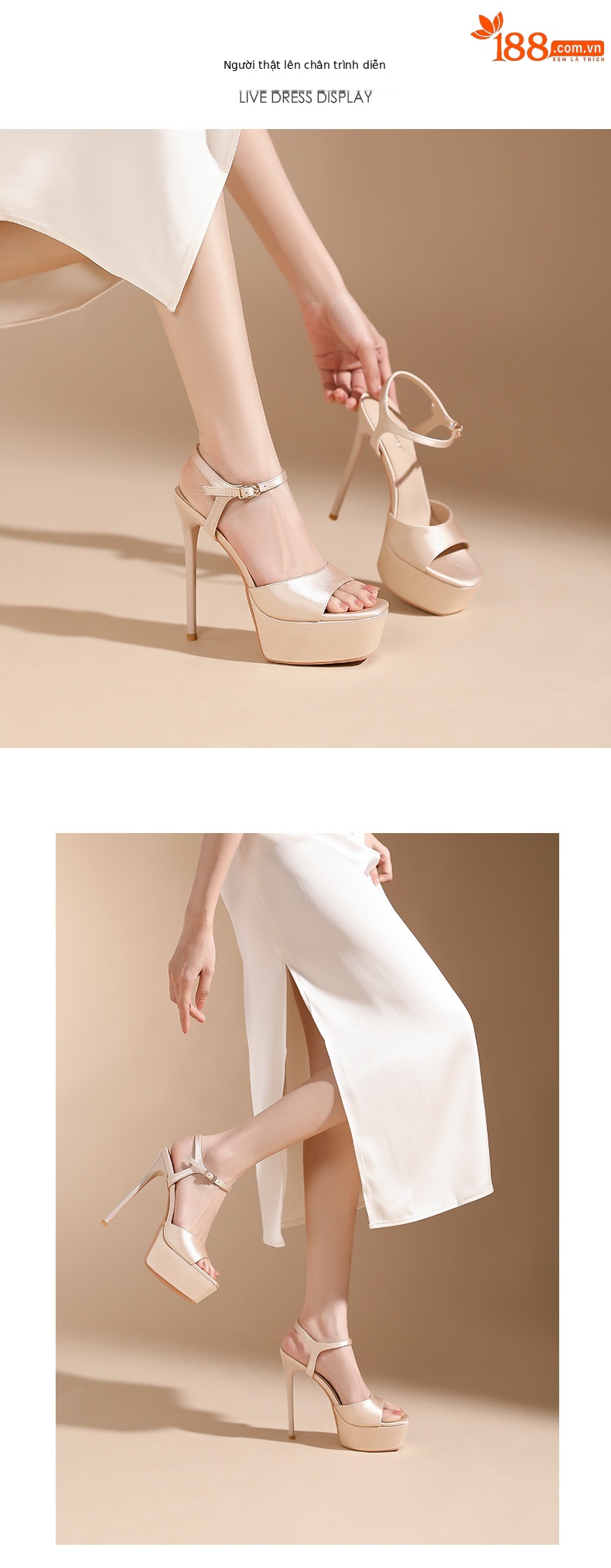Giày sandal cao gót nữ hở mũi mũi vuông đế chống thấm nước — Màu sâm panh chi tiết 4