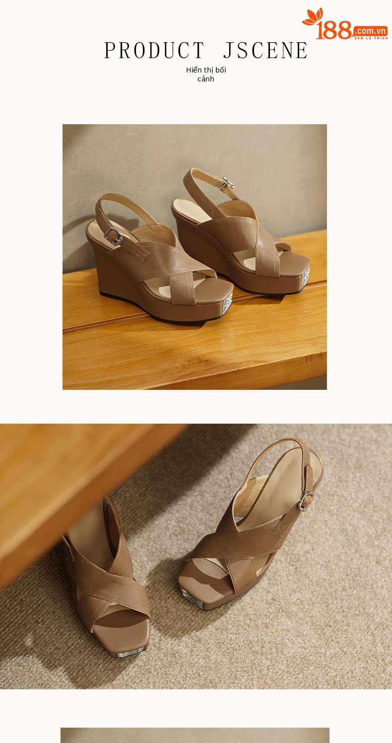 Sandal cao gót nữ phong cách Pháp đế nêm dày mũi hở, da thật, gót 11 cm — đen chi tiết 5