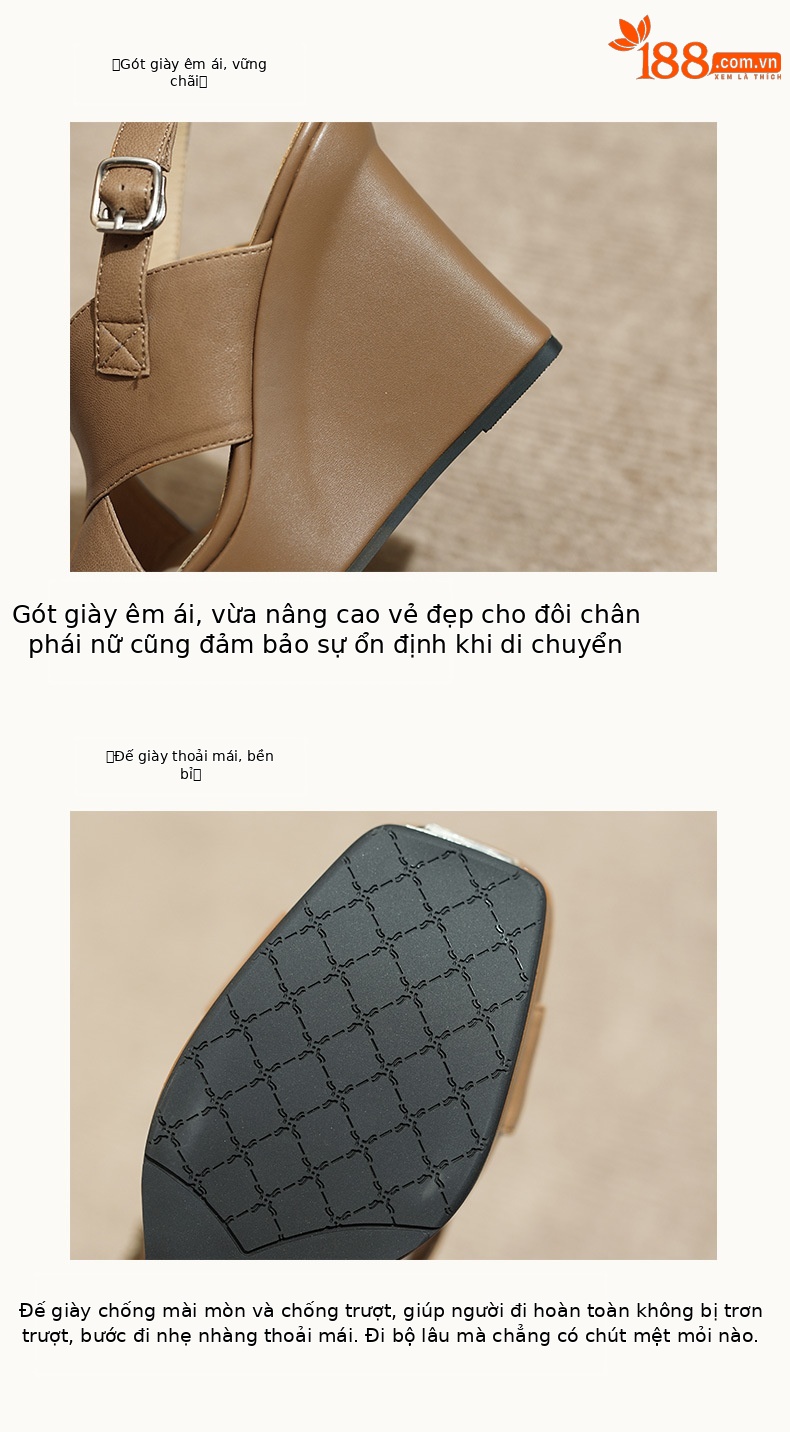 Sandal cao gót nữ phong cách Pháp đế nêm dày mũi hở, da thật, gót 11 cm — đen chi tiết 8