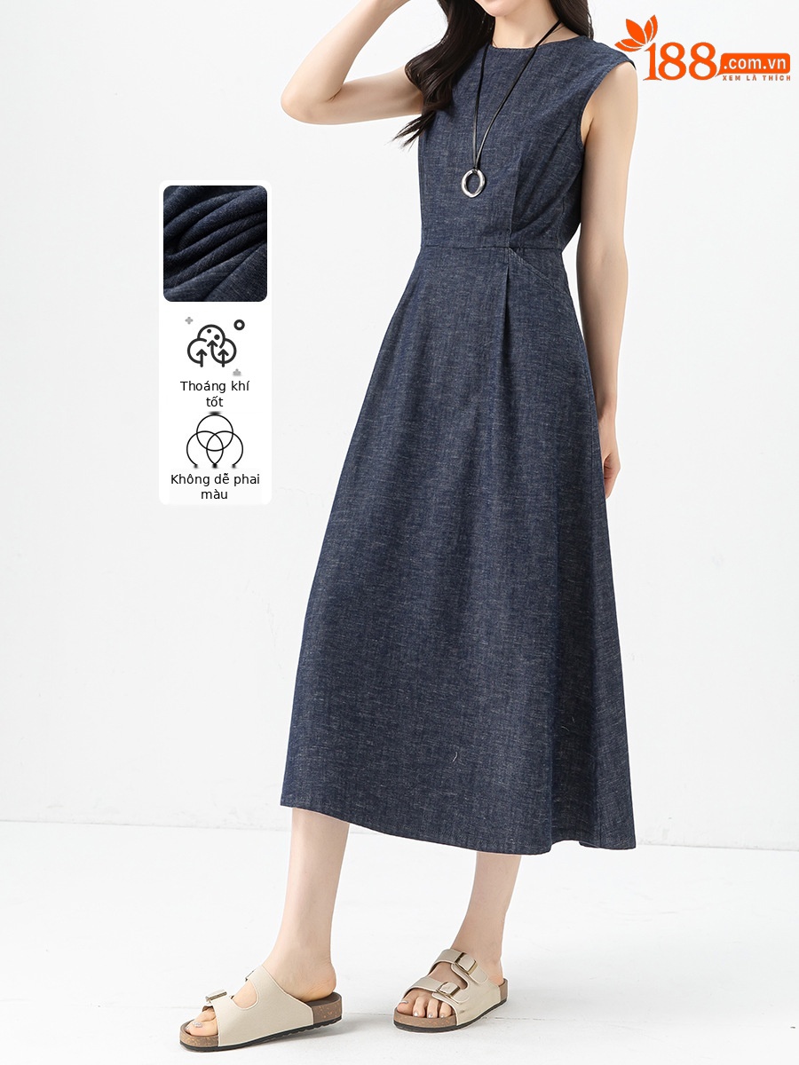 Váy liền denim không tay dáng dài thắt eo cổ điển — Xanh denim