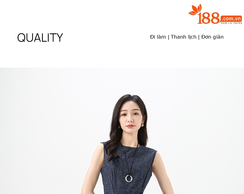 Váy liền denim không tay dáng dài thắt eo cổ điển — Xanh denim chi tiết 1