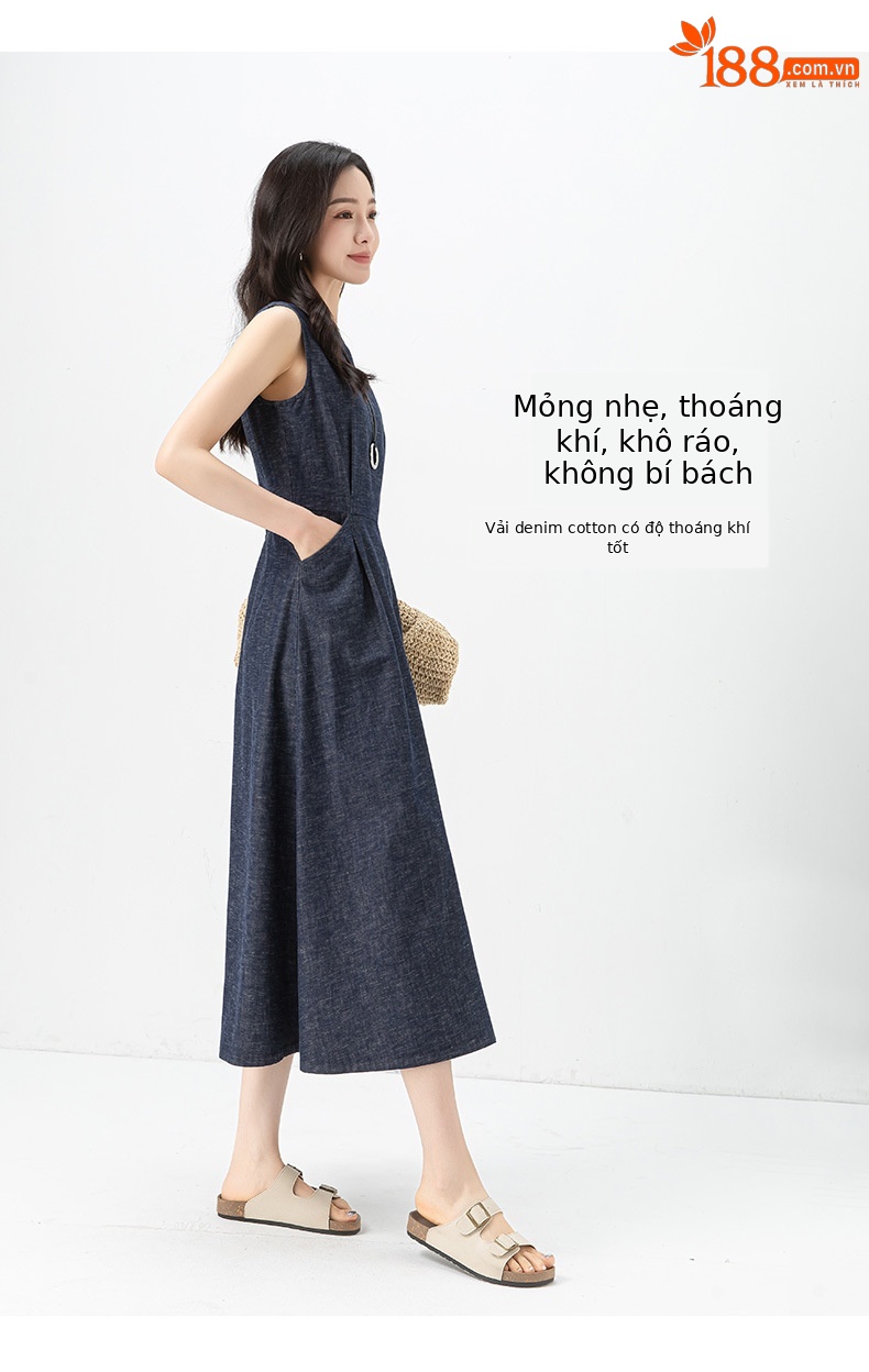 Váy liền denim không tay dáng dài thắt eo cổ điển — Xanh denim chi tiết 10